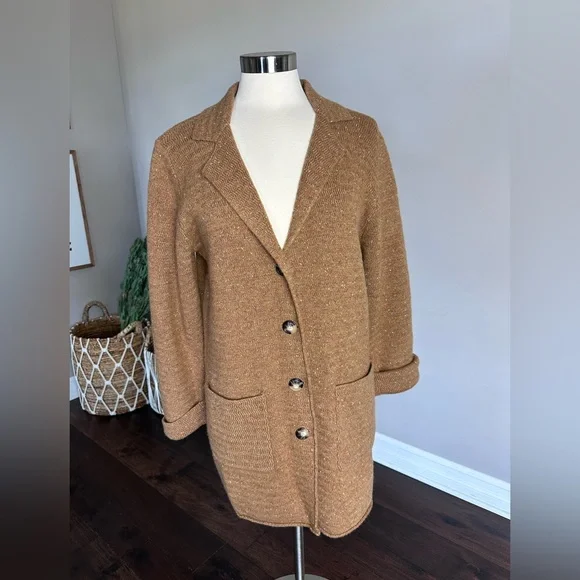 J. Crew Mercantile Blazer Car Coat Lambs Wool Button-Up Cardigan Heather Camel L - Picture 2 of 11